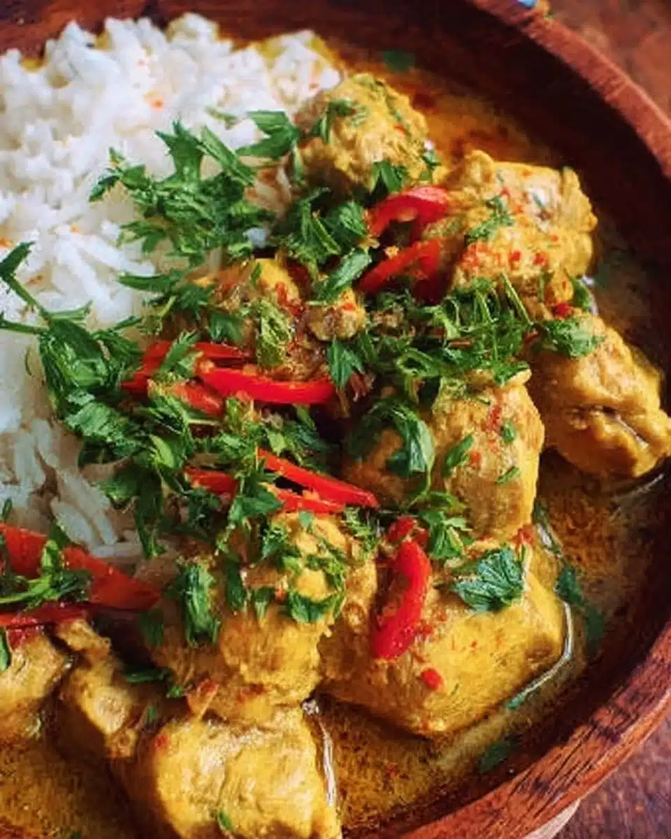 A plate of Brazilian Coconut Chicken garnished with fresh herbs and served with rice