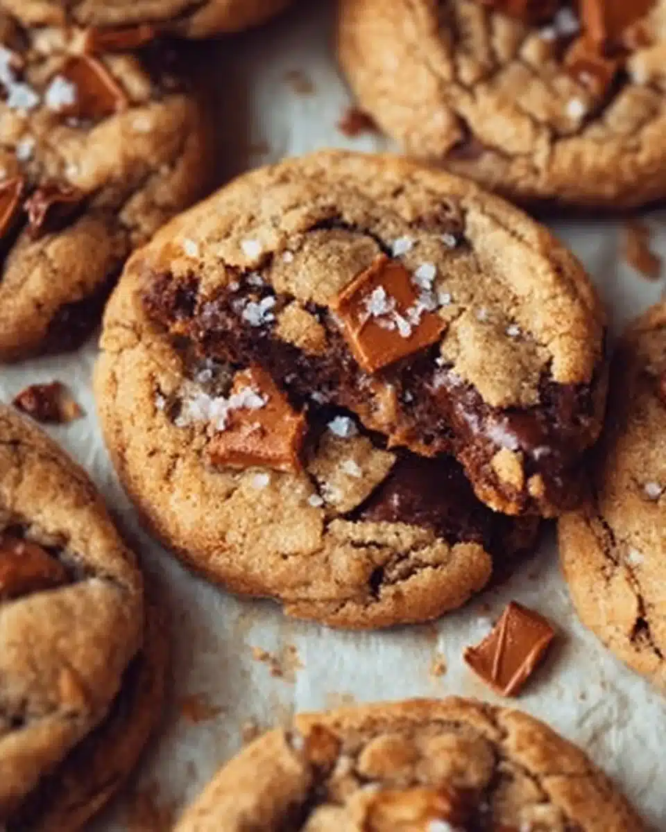 Delicious brown butter toffee cookies with a golden-brown hue and rich texture.