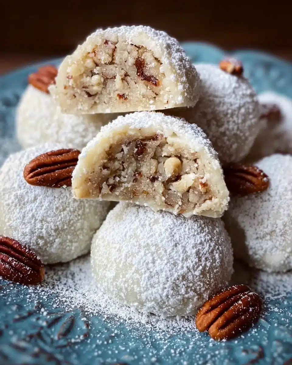 Plate of buttery Pecan Snowball Cookies dusted with powdered sugar