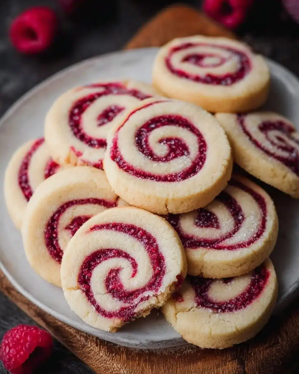 Buttery shortbread cookies with a vibrant raspberry swirl design