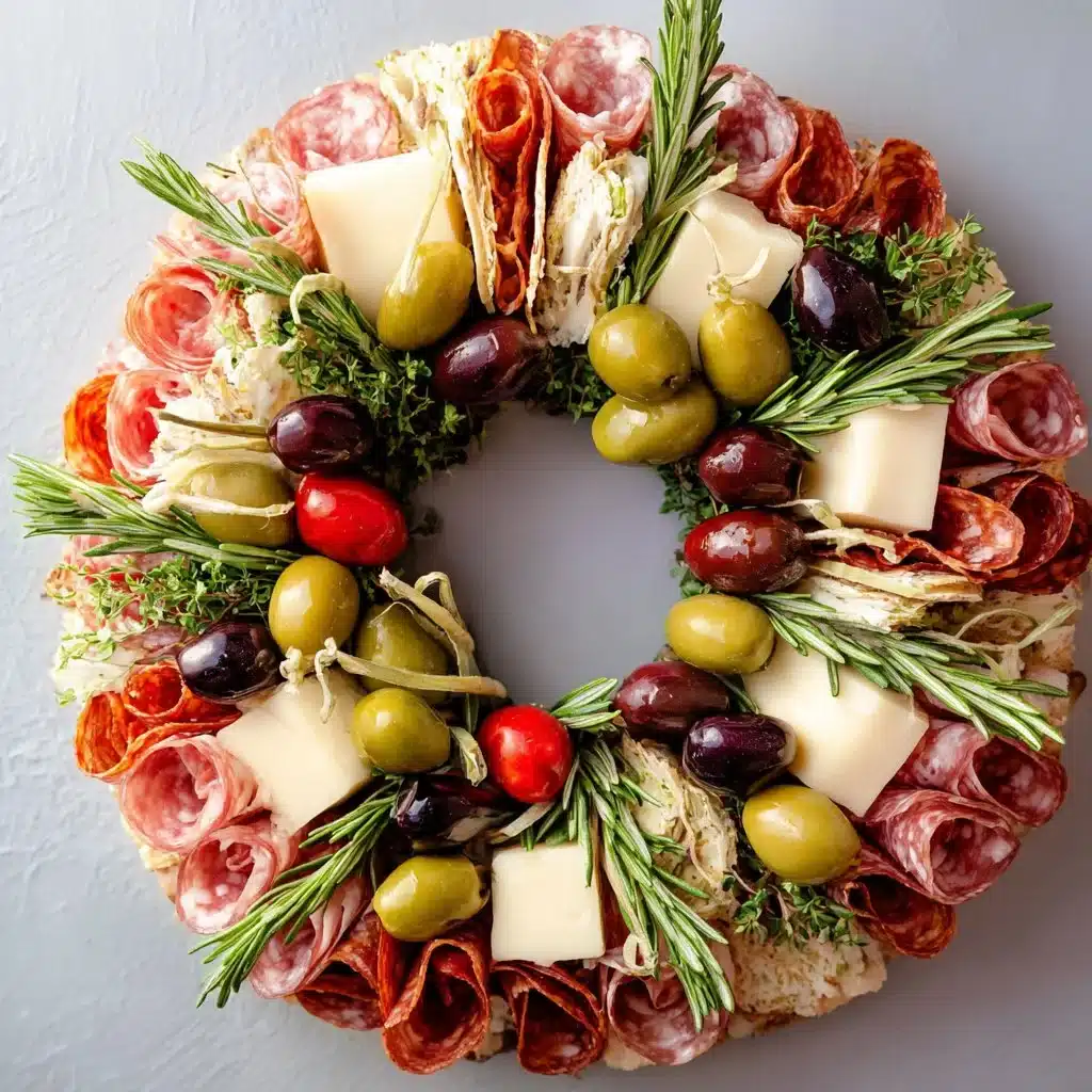 Decorative charcuterie wreath with meats, cheeses, and greenery for festive occasions.