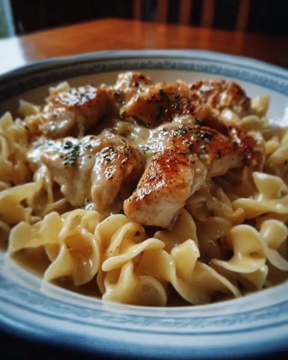 Plate of chicken served with buttery noodles garnished with parsley