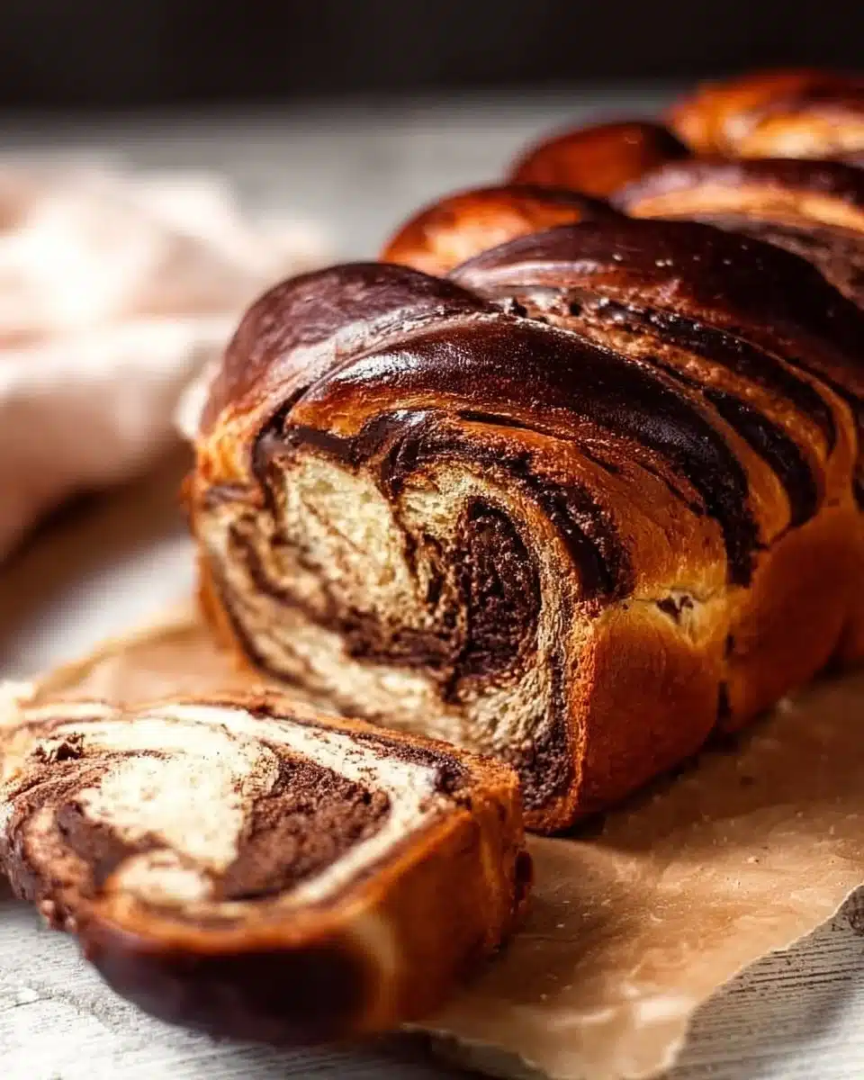 Deliciously soft Chocolate Brioche Bread loaf with rich chocolate swirls
