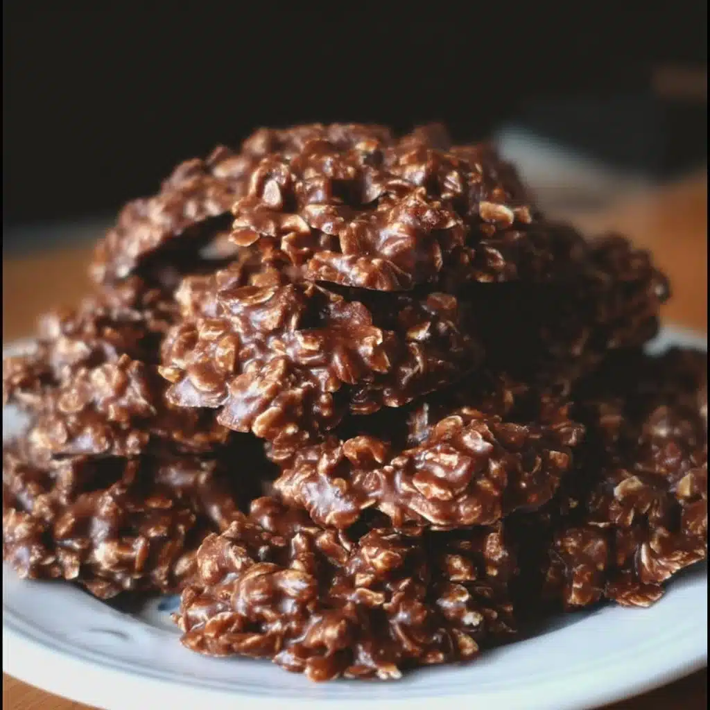 Delicious chocolate no-bake cookies arranged on a plate