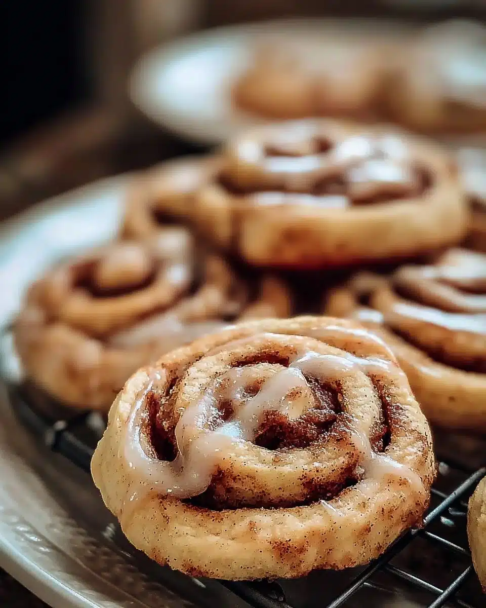 Freshly baked cinnamon roll cookies with icing on a cooling rack