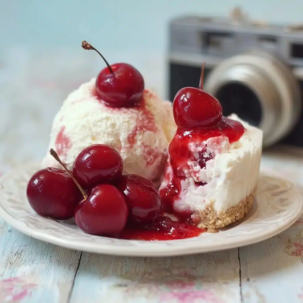 A slice of Classic Cherry Delight dessert topped with fresh cherries.