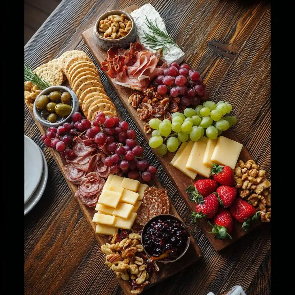 Beautifully arranged colorful charcuterie boards for Mother's Day celebration.