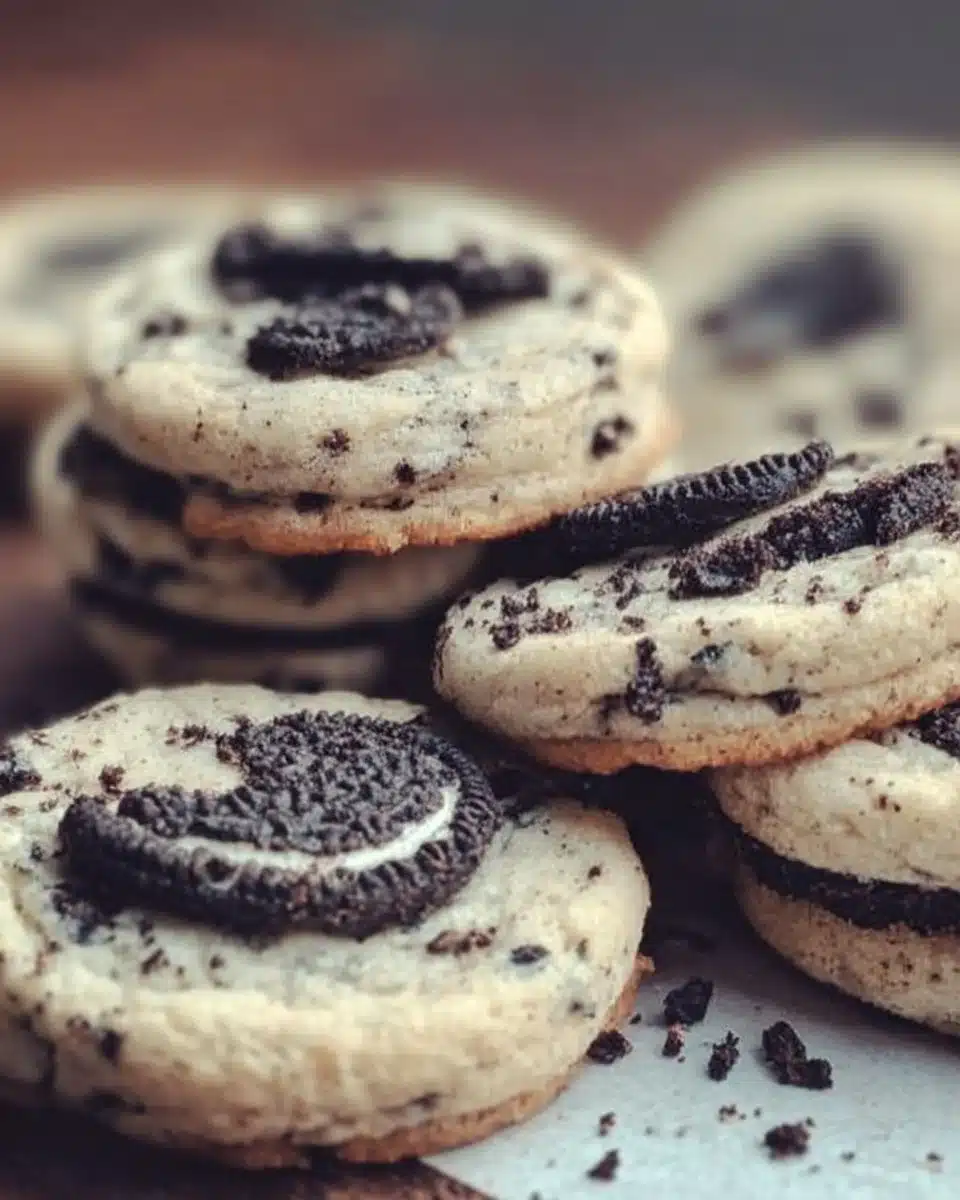 Freshly baked Cookies and Cream Cookies with chocolate chunks and cream.