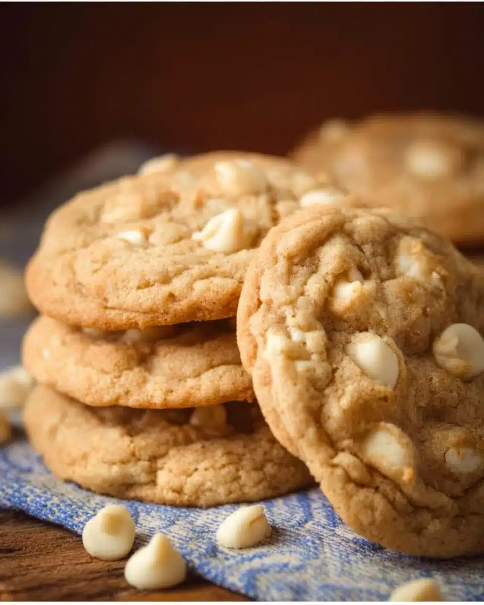 Batch of delicious copycat Mrs. Fields white chocolate chip cookies on a baking sheet.