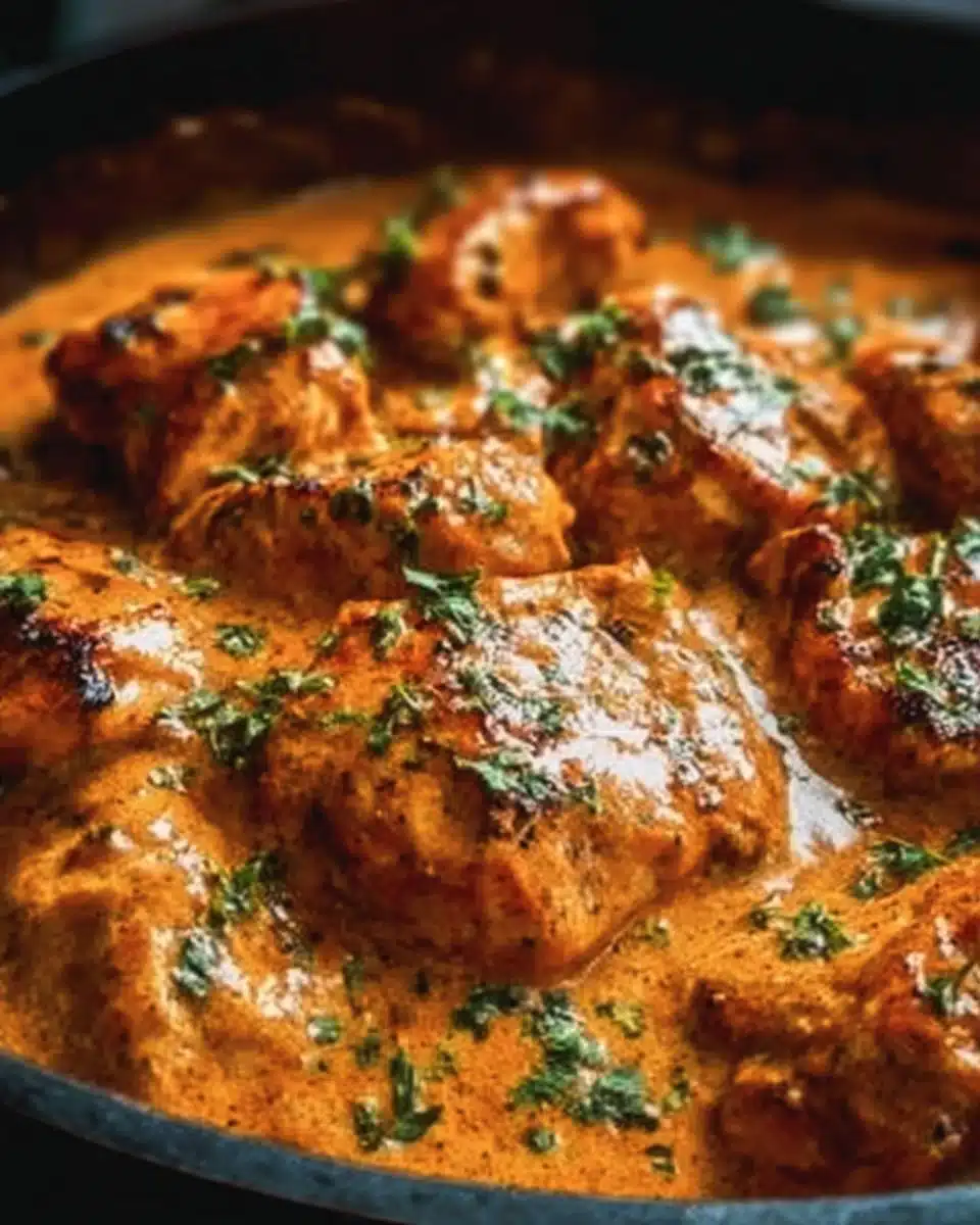 Delicious Cowboy Butter Chicken served on a plate with herbs and spices.