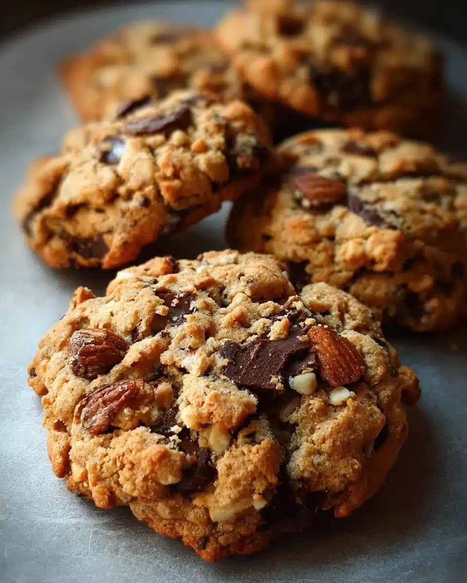 Plate of delicious homemade cowboy cookies with oats and chocolate chips