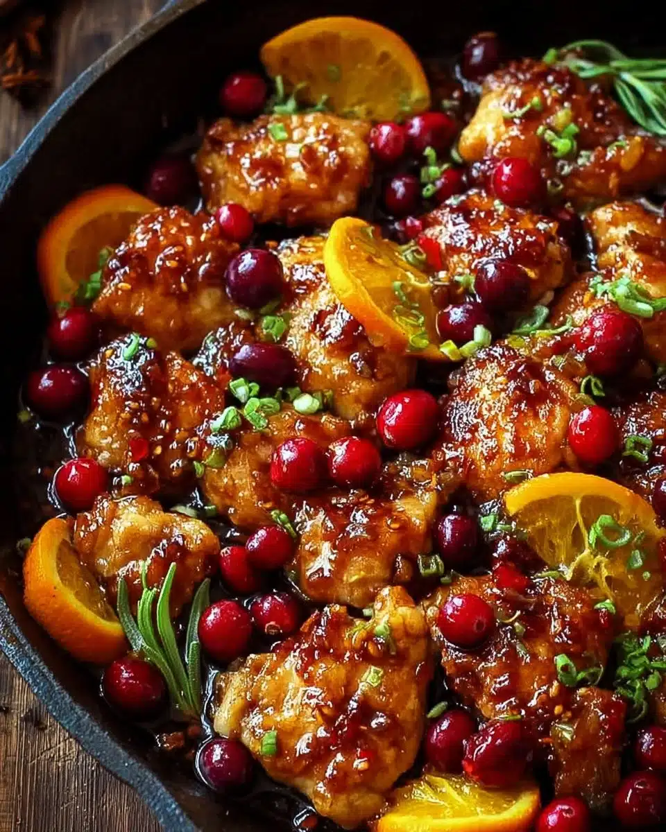 Cranberry Orange Chicken with vibrant sauce and herbs on a plate