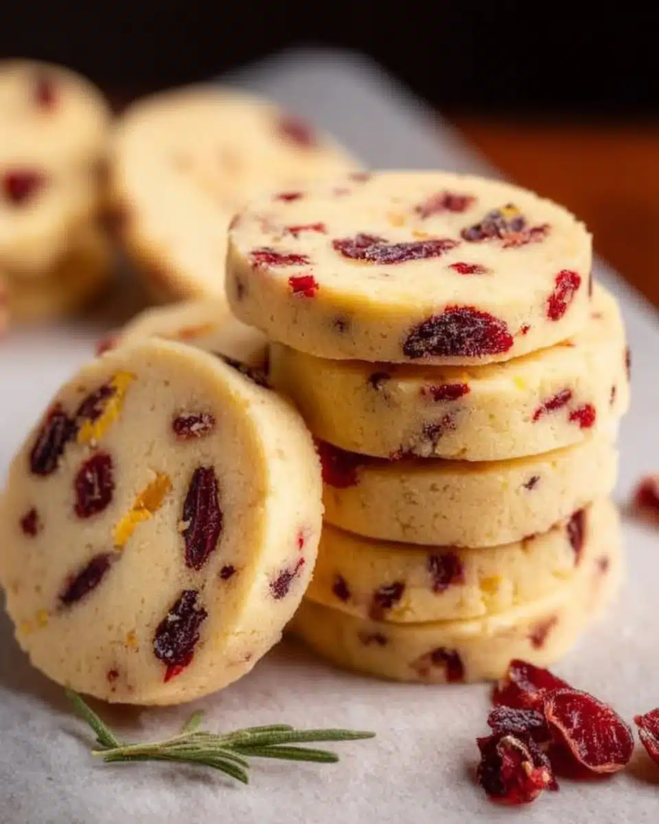 Cranberry orange shortbread cookies on a festive plate