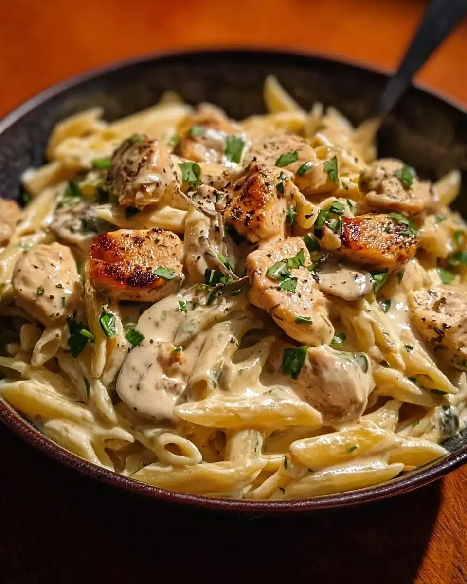 Creamy Cajun Chicken Pasta with herbs and spices in a bowl