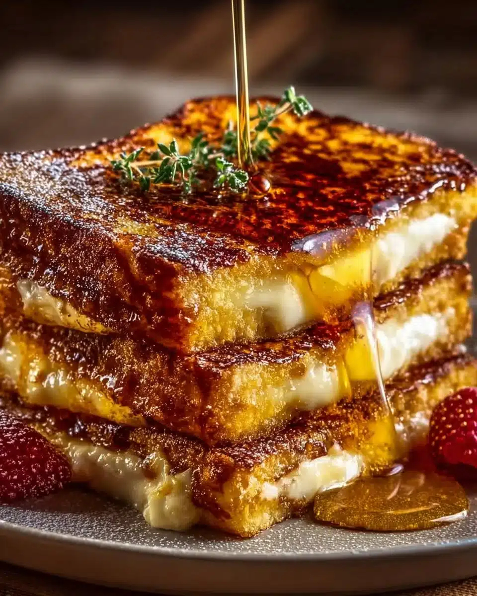 Delicious Crème Brûlée French Toast drizzled with syrup and topped with fresh berries