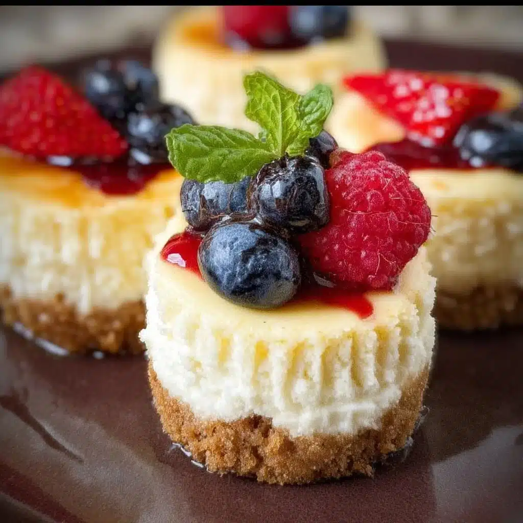 Delicious easy mini cheesecakes with colorful toppings on a white plate.