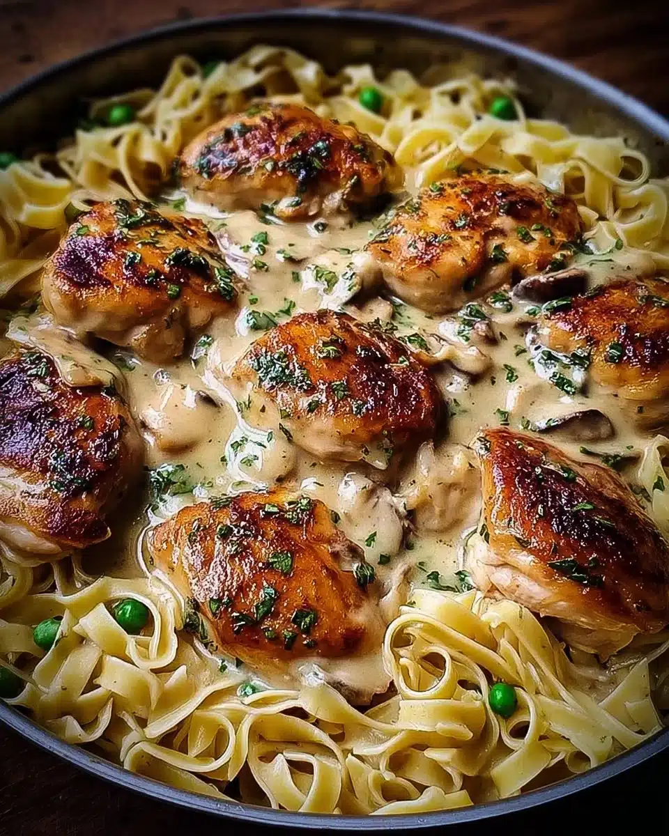 Easy one-pan chicken with buttered noodles recipe served on a plate