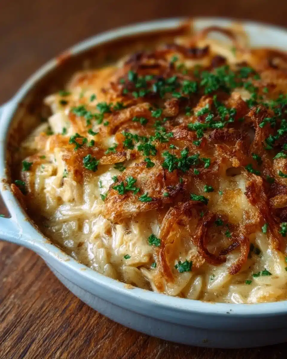 French Onion Chicken Orzo Casserole, a flavorful comfort food dish.