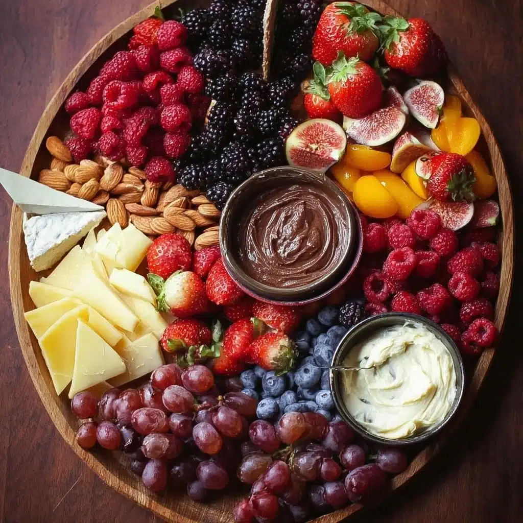 Vibrant fruit charcuterie board with assorted fresh fruits and garnishes.