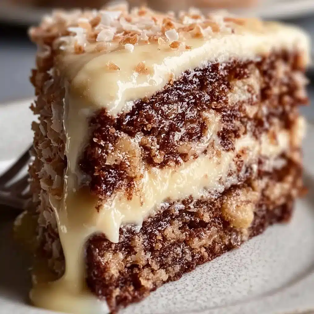 Slice of decadent German Chocolate Cake with coconut frosting and chocolate layers.