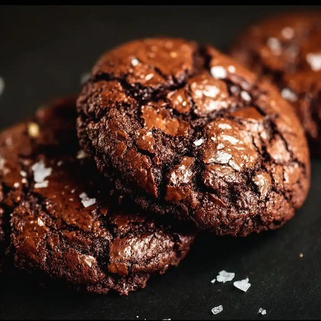 Gourmet brownie cookies stacked high on a plate with chocolate drizzles