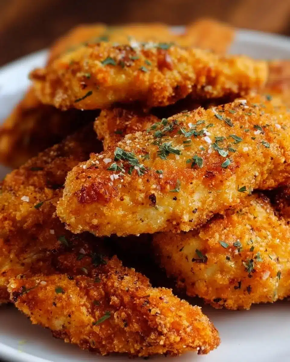 Crispy homemade baked chicken tenders on a plate with dipping sauce