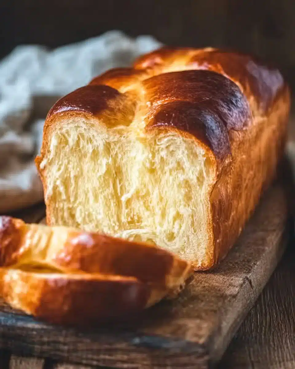 Freshly baked homemade brioche loaf on a wooden cutting board