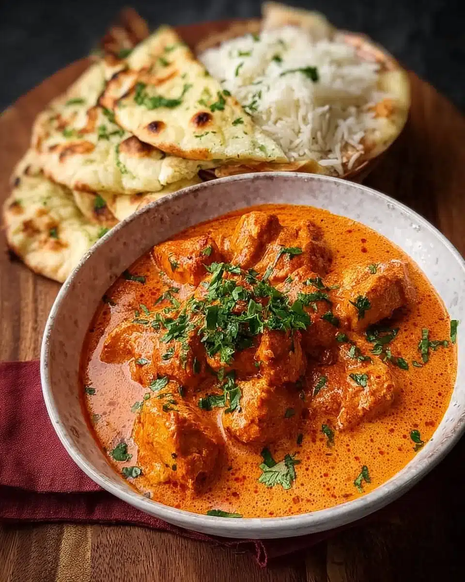 A delicious plate of homemade butter chicken with rich, creamy sauce.