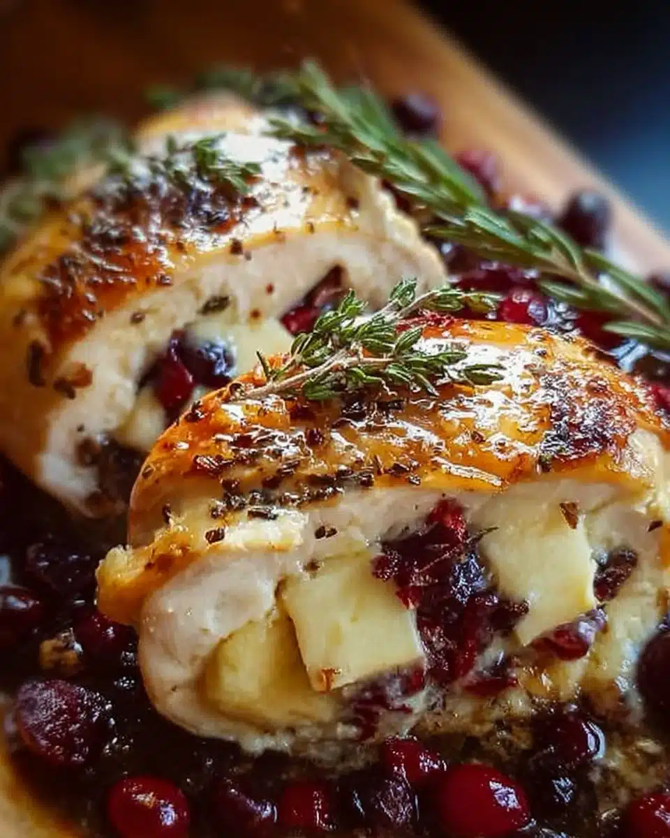 Delicious Cranberry Brie Stuffed Chicken garnished with herbs