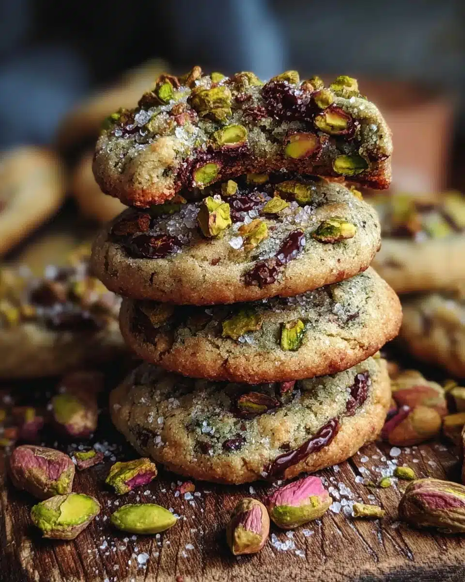 Delicious homemade sea salt pistachio cookies on a wooden plate