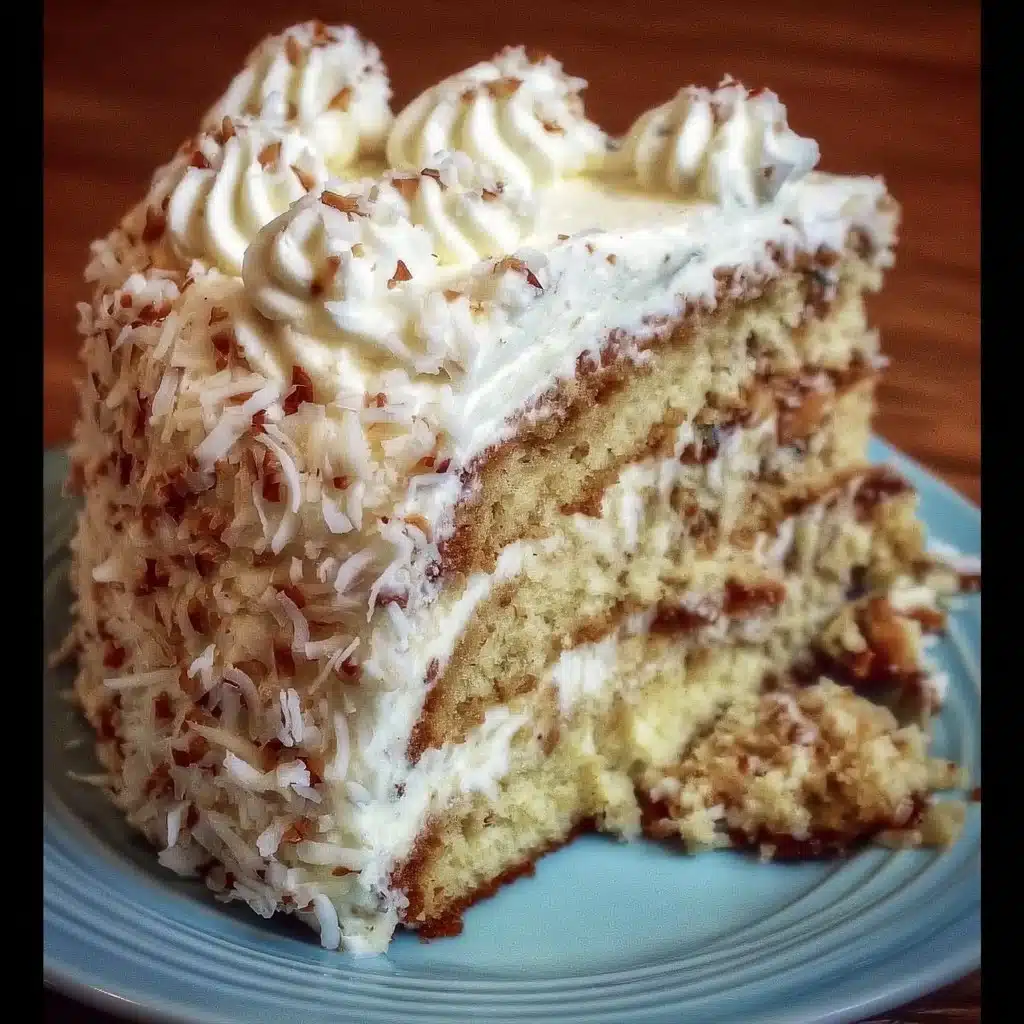 Delicious slice of Italian Cream Cake with cream cheese frosting and coconut.