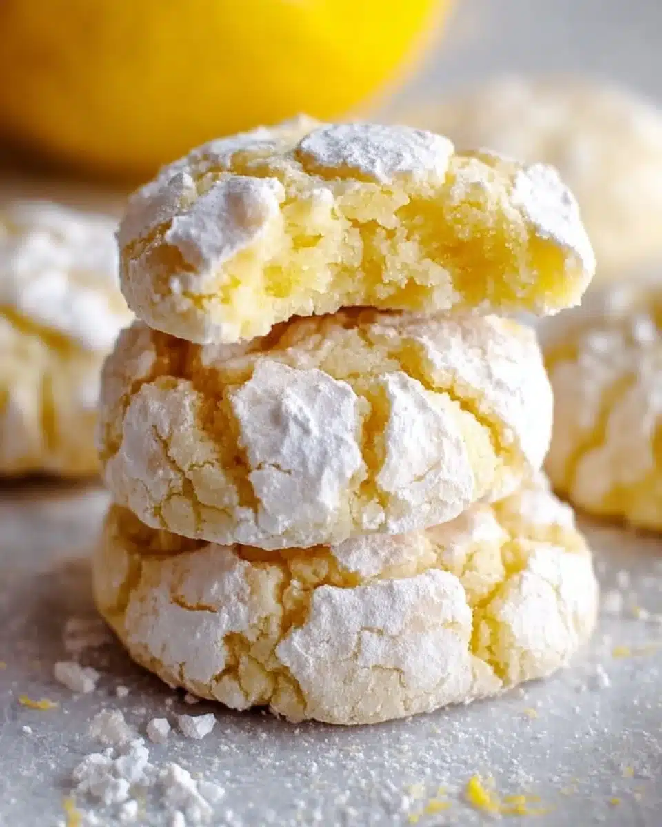 Freshly baked Lemon Crinkle Cookies with powdered sugar topping