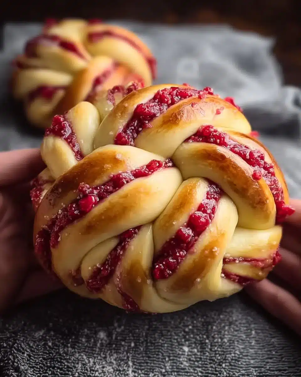 Lemon raspberry brioche buns fresh out of the oven, golden and delicious.
