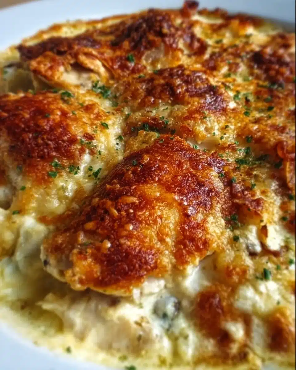Neiman Marcus chicken casserole served in a baking dish with fresh herbs