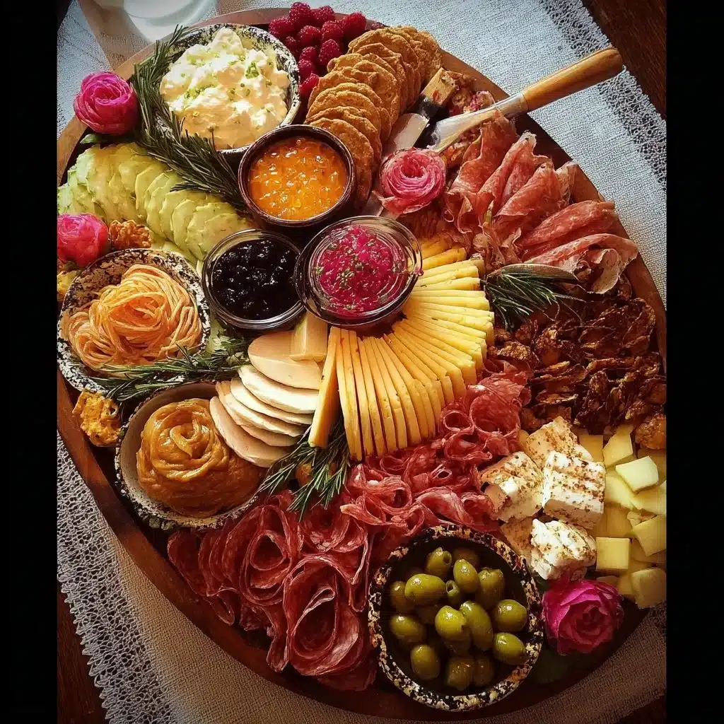 New Year's Eve charcuterie board with meats, cheeses, fruits, and festive decor.
