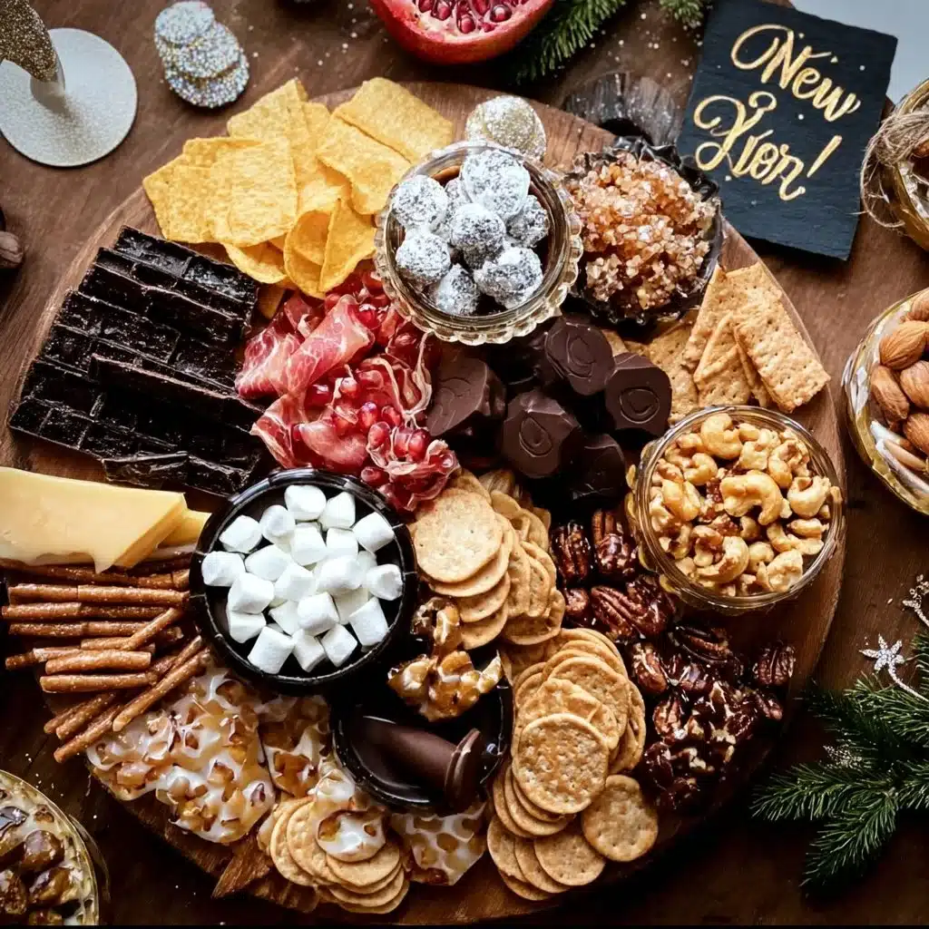 New Year's Eve dessert charcuterie board with an array of delicious sweets