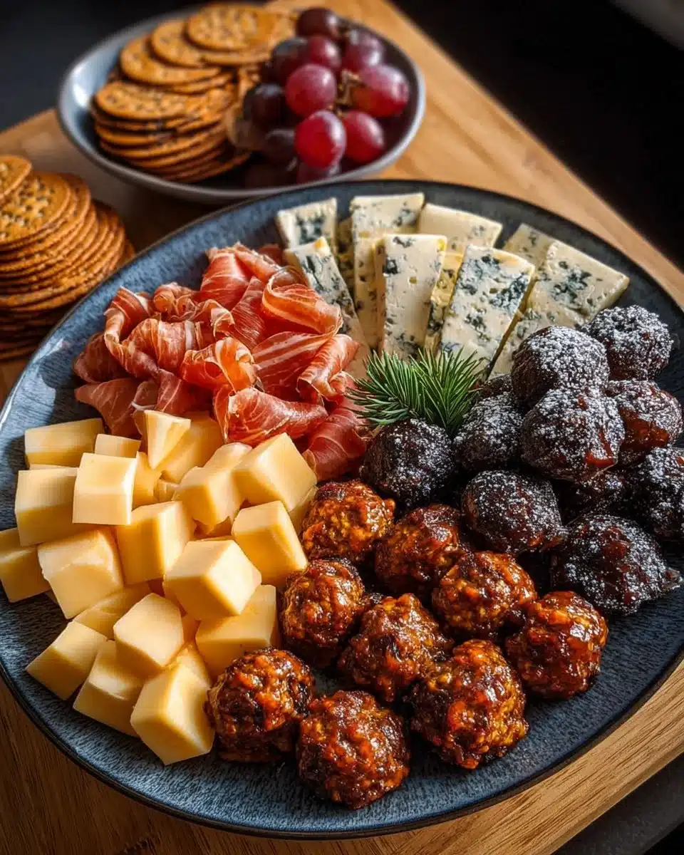 New Year's Eve meatballs and cheese platter ready for serving