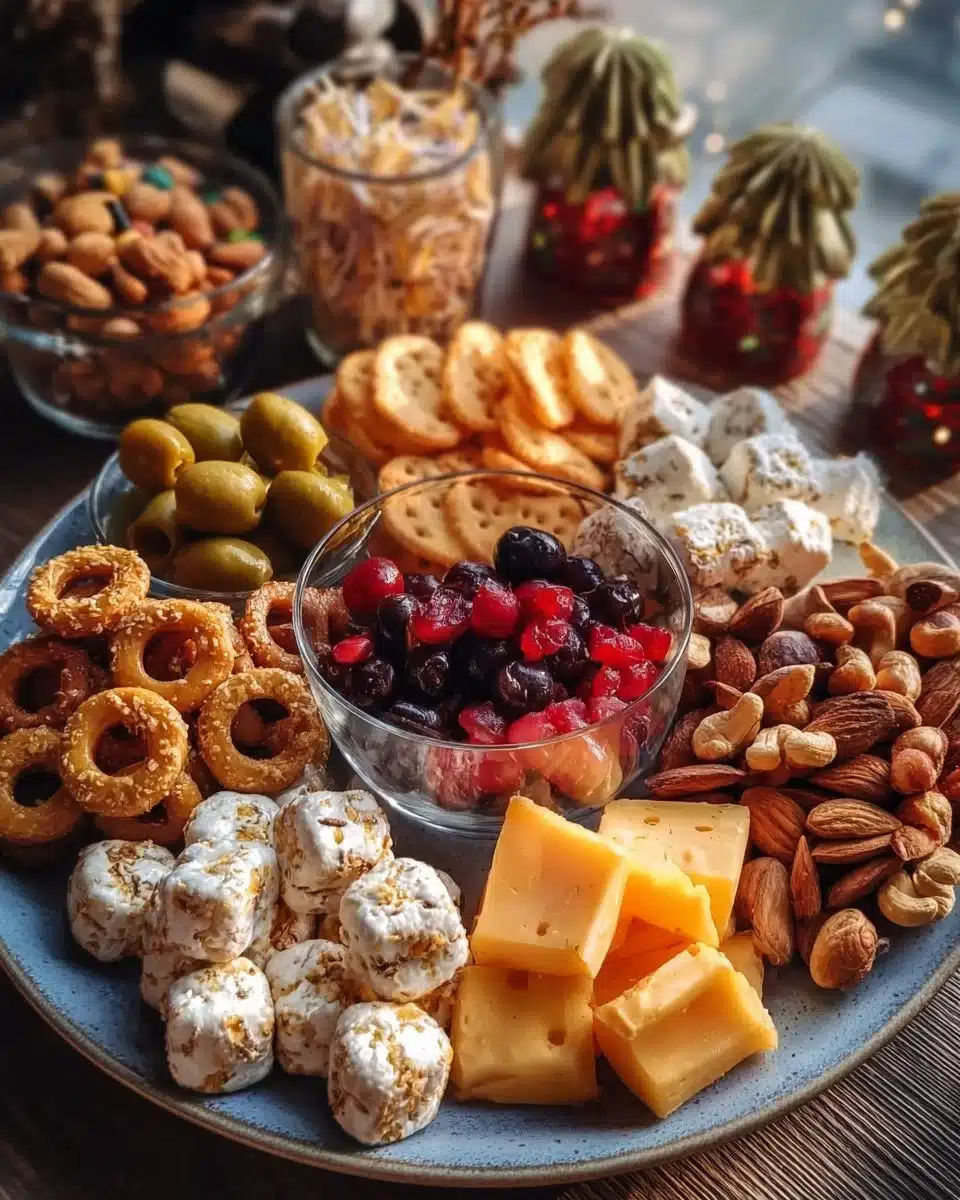 Festive New Year's Eve snack platter with assorted treats and appetizers.