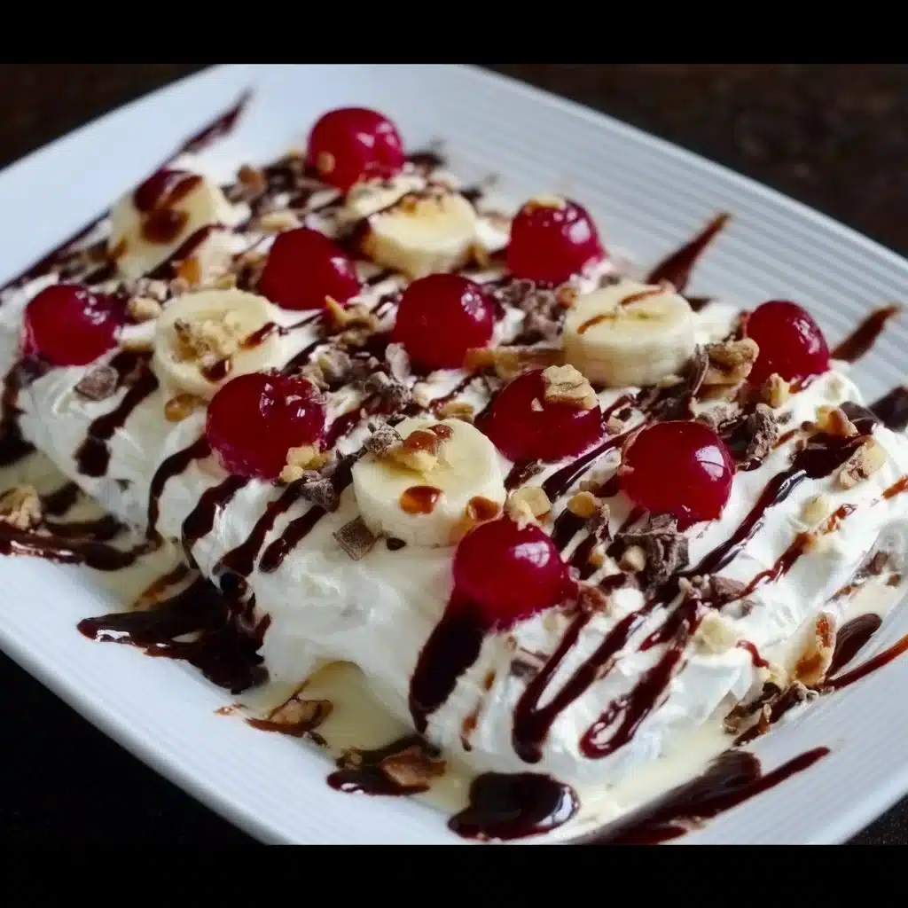 No bake banana split dessert with cherries and whipped cream