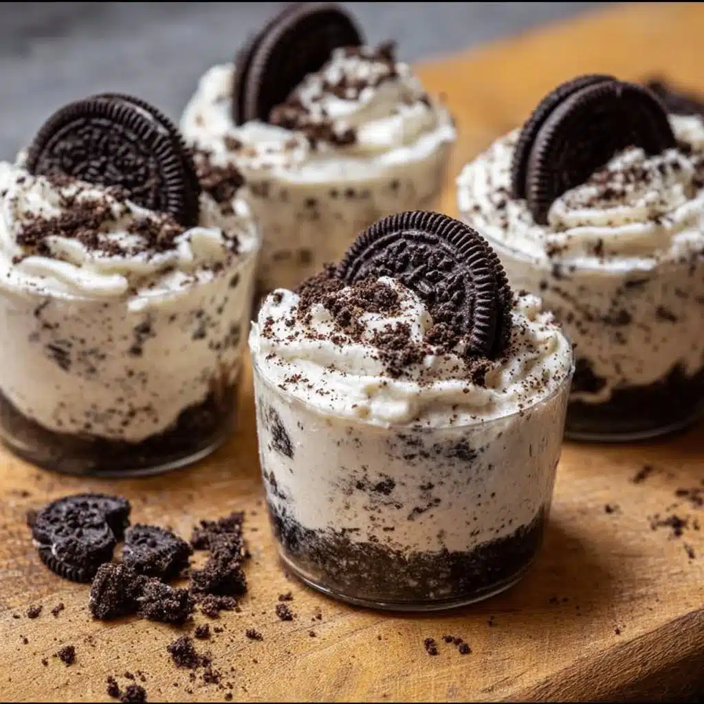 No Bake Oreo Cheesecake Cups topped with crushed Oreos and whipped cream