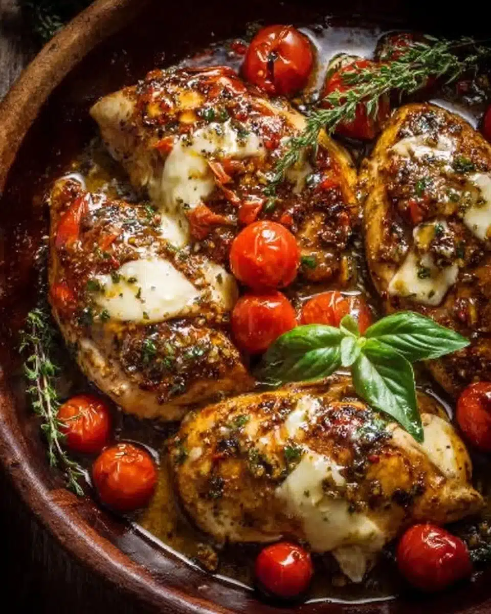 Delicious one-pan balsamic chicken with vegetables on a serving plate.