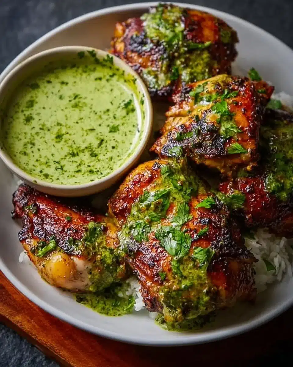 Plate of Peruvian chicken served with creamy green sauce