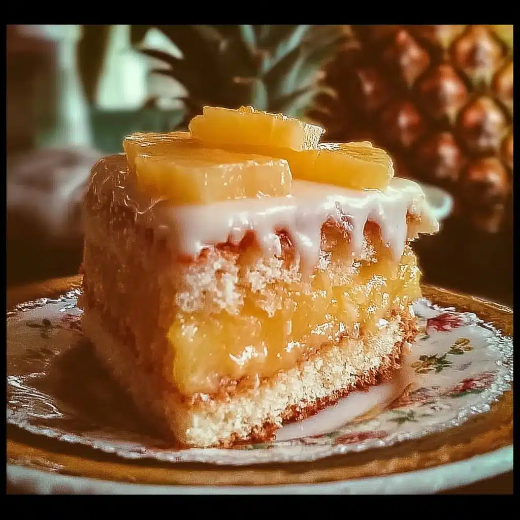 Delicious Pineapple Heaven Cake topped with fresh pineapple slices and cream