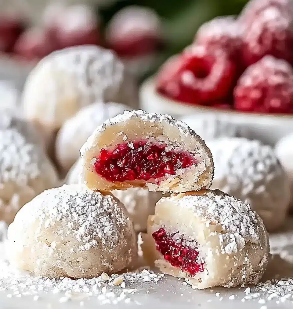 Plate of Raspberry Almond Snowball Cookies dusted with powdered sugar