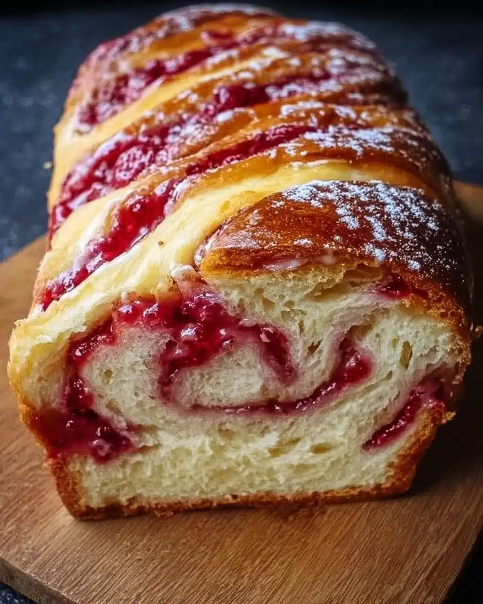 Delicious Raspberry Swirl Brioche Loaf with soft texture and vibrant raspberry swirls