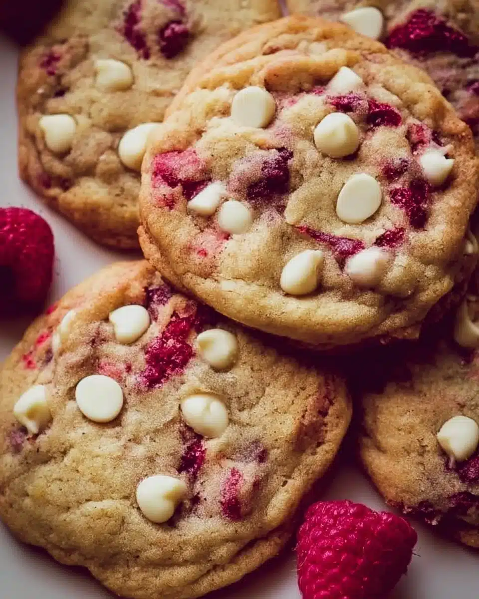 Image of freshly baked Raspberry White Chocolate Cookies on a plate