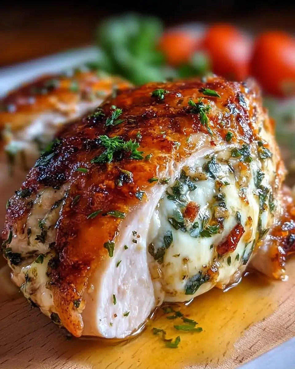 Plate of Ruth's Chris-inspired stuffed chicken served with vegetables