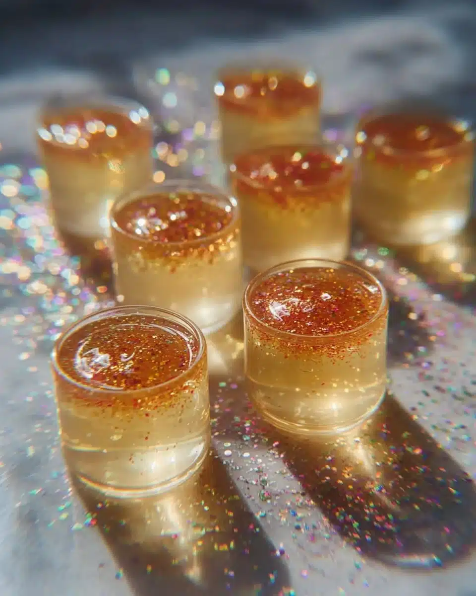 Sparkling glitter prosecco jello shots served in glasses for a festive celebration