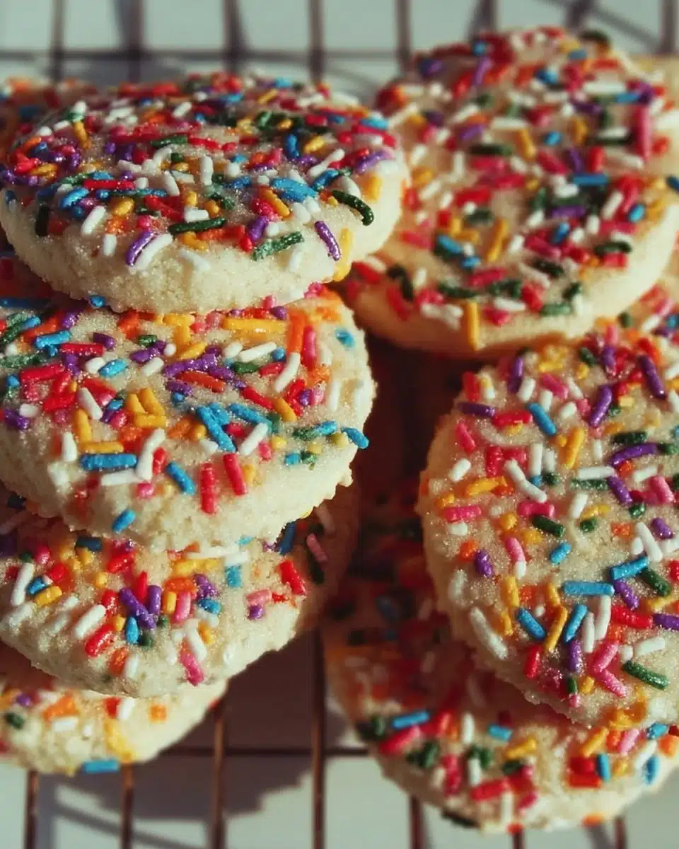 Freshly baked sprinkle cookies with colorful toppings on a plate