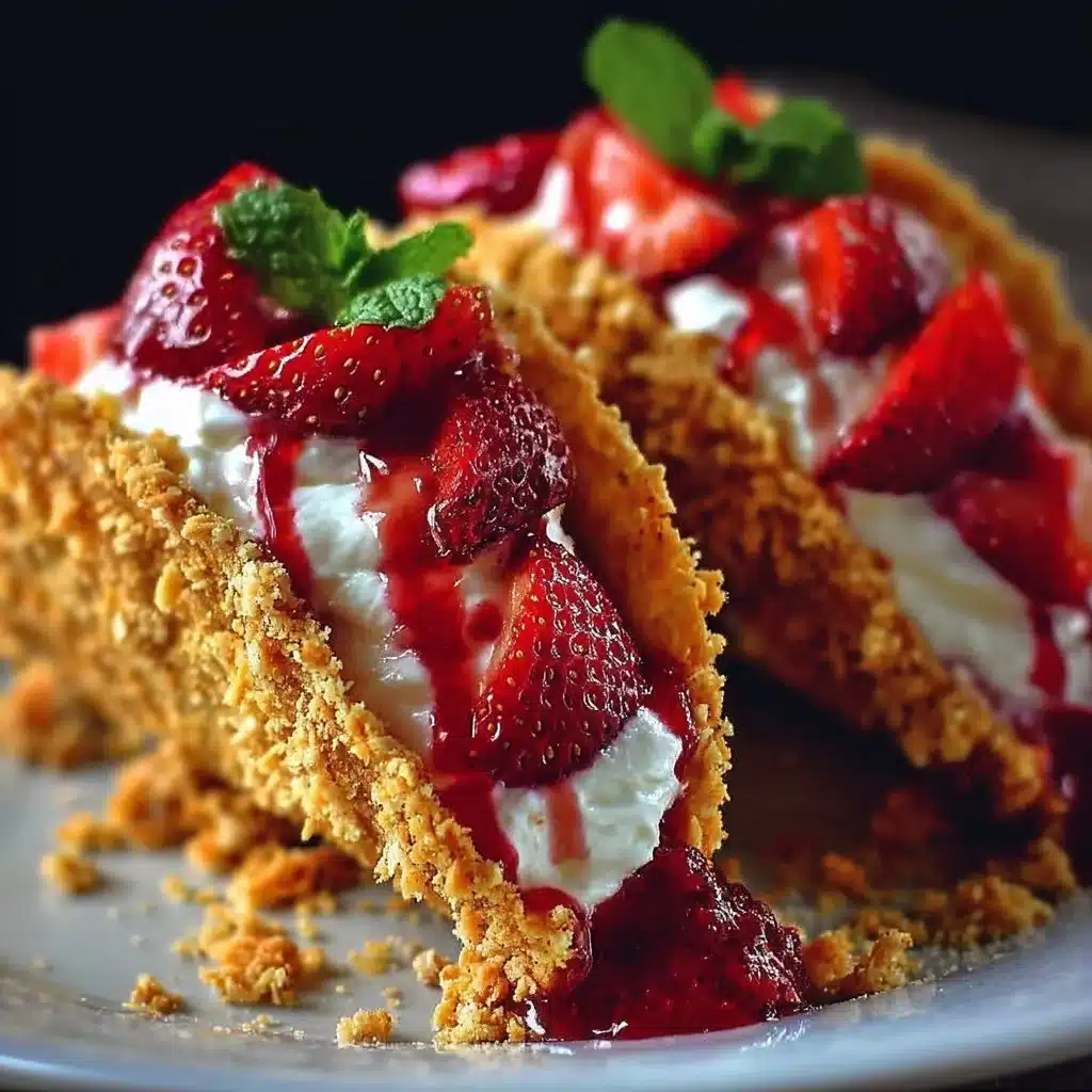 Strawberry crunch cheesecake tacos served on a plate with fresh strawberries